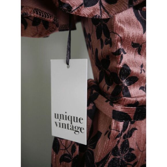 Unique Vintage mauve Sparkle & Black Floral Velvet Wide Leg Belted Jumpsuit XS - Picture 9 of 9